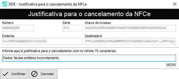 Janela onde se faz a descrição de cancelamento da nota