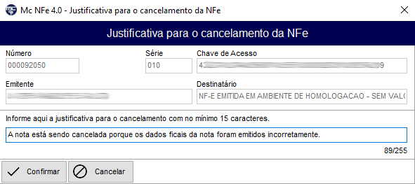 Janela onde se faz a descrição de cancelamento da nota